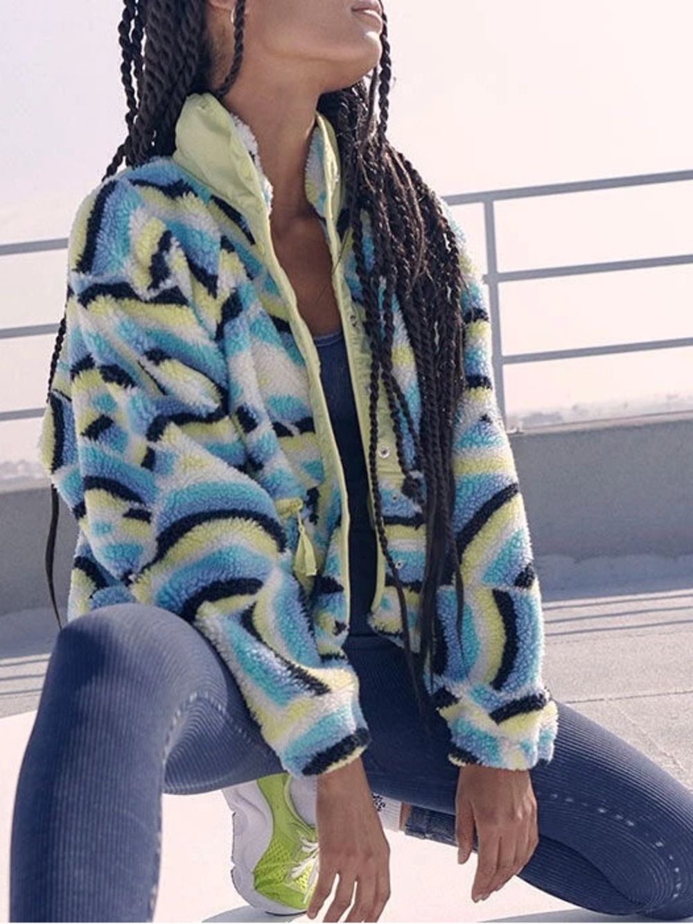 FP Movement by Free People Blue, Yellow & Black Abstract Teddy Jacket